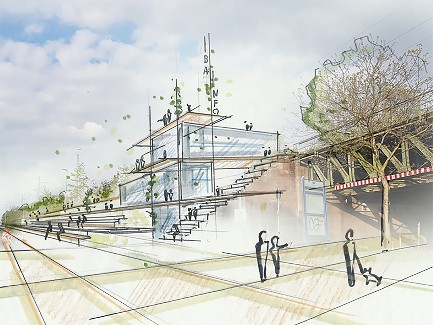 Abbildung: Böschungspark mit einem Infopavillion für Besucher.