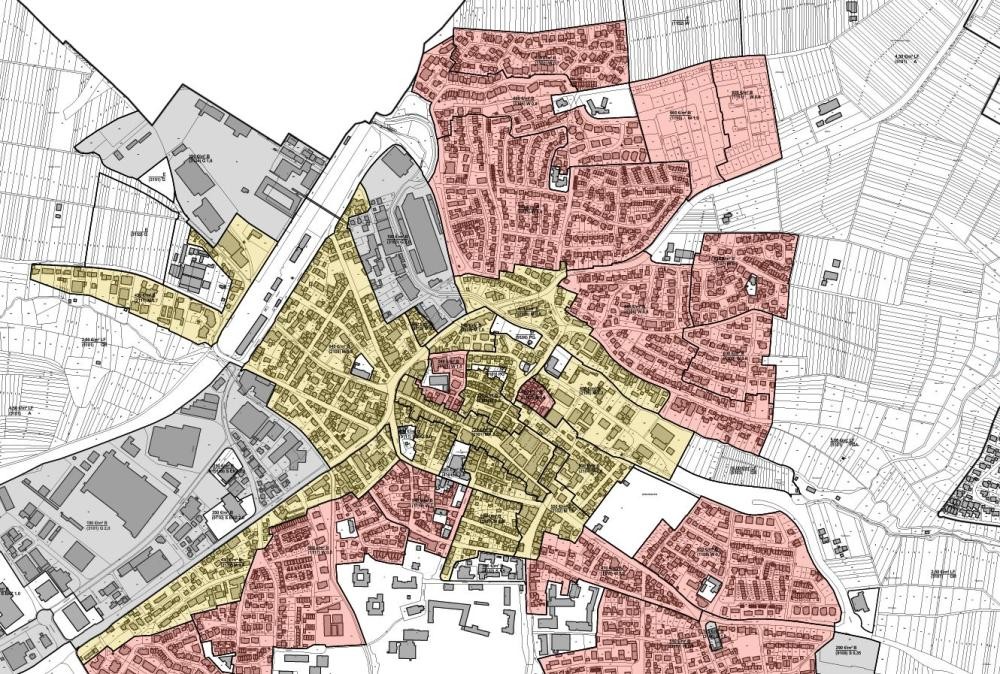 Symbolischer Ausschnitt aus der Bodenrichtwertkarte von Winnenden. Zu sehen ist die Innenstadt.