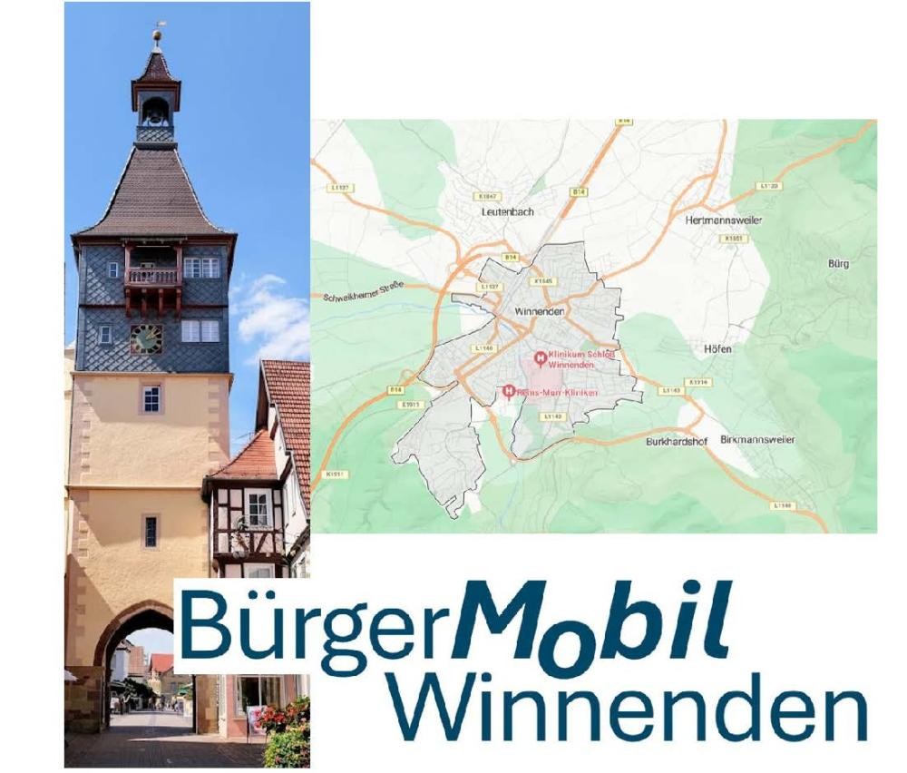 Logo des Bürgermobils vor einem Bild des Torturms um einer Karte von Winnenden