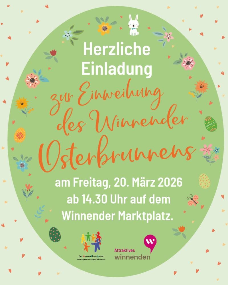 Ovale Einladungskarte mit Blumen, Ostereiern und einem Hasen umrahmt, Text zur Einweihung des Winnender Osterbrunnens am 20. März 2026