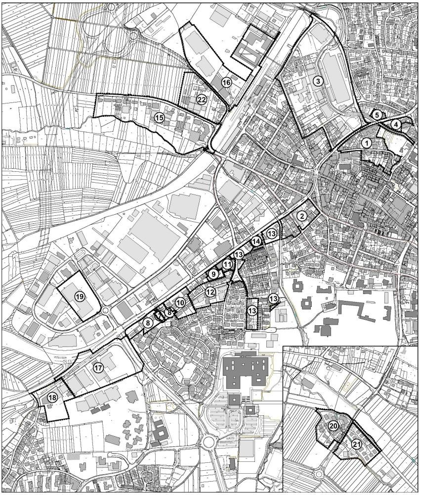 Schwarz-weiße Linienzeichnung einer Stadtkarte mit nummerierten Flächen und einem kleinen Kartenausschnitt unten rechts