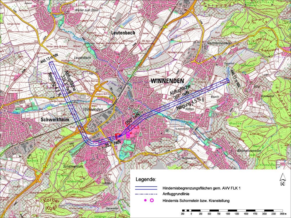 Übersichtsplan mit eingezeichneten An- und Abflugschneisen