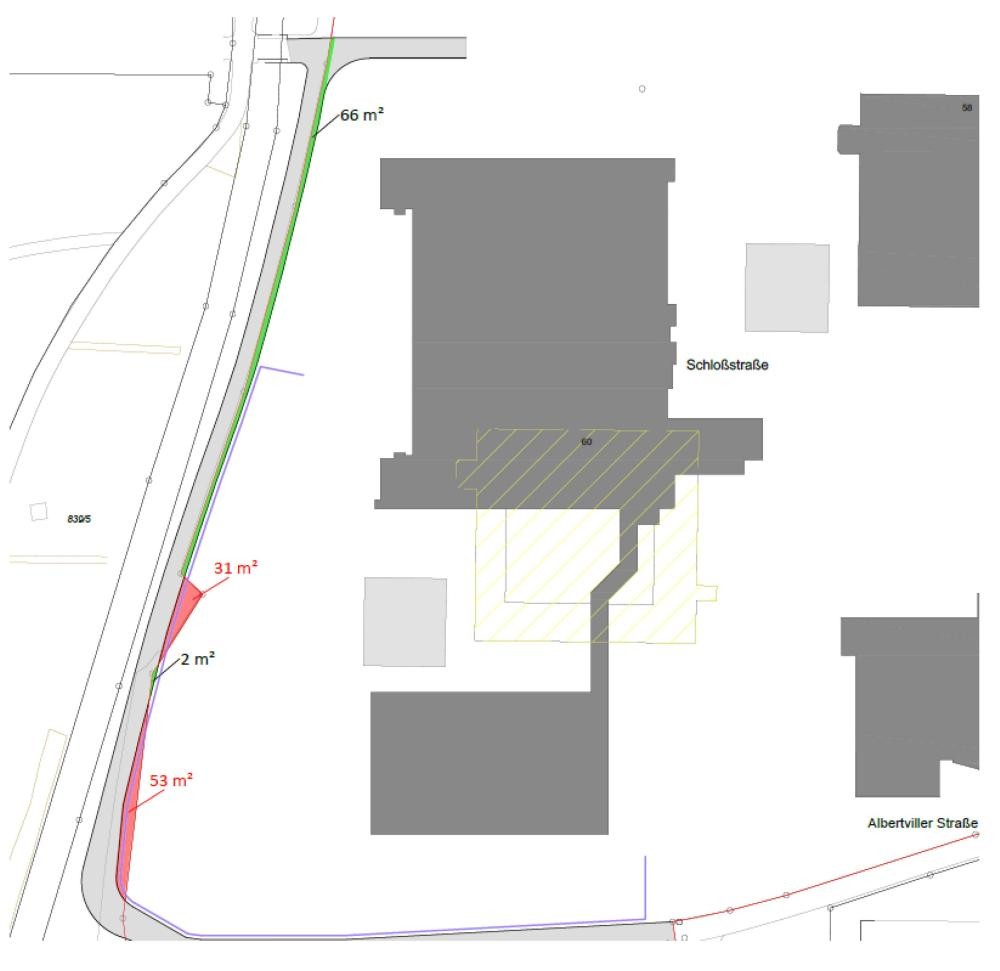 Kartenausschnitt mit Gebäuden und Flächenangaben in Quadratmetern an Straßenabschnitten
