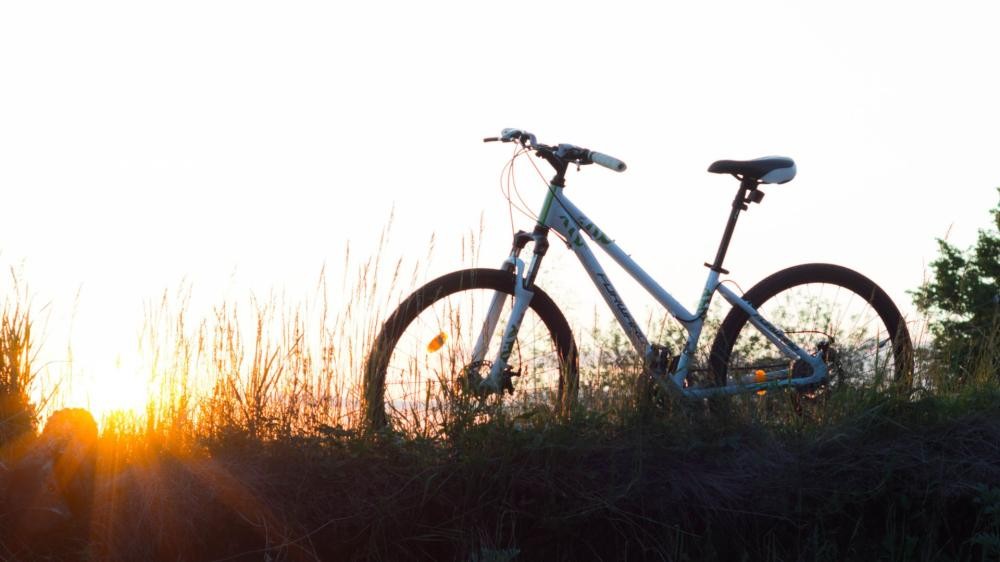 Fahrrad steht auf Gras mit Sonnenuntergang im Hintergrund