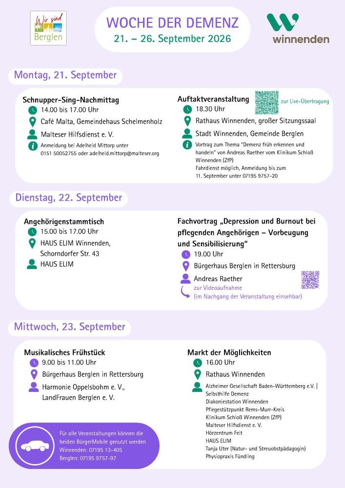 Programm von Montag bis Mittwoch: Montag, 21. September, Schnupper-Sing-Nachmittag14.00 bis 17.00 Uhrim Café Malta, Gemeindehaus Schelmenholz durch den Malteser Hilfsdienst e. V. Anmeldung bei Adelheid Mittorp unter 0151 50052755 oder adelheid.mittorp@malteser.org Auftaktveranstaltung 18.30 Uhr im Rathaus Winnenden (großer Sitzungssaal) Vortrag zum Thema “Demenz früh erkennen und handeln” von Andreas Raether vom Klinikum Schloß Winnenden (ZfP) Fahrdienst möglich, Anmeldung bis zum 11. September unter 07195 9757-20 ; Dienstag, 22. September: Angehörigenstammtisch von 15 bis 17 Uhr im Haus Elim Winnenden (Schorndorferstraße 43) ; Fachvortrag "Deppression und Burnout beo pflegenden Angehörigen - Vorbeugen und Sensibilisieren" um 19 Uhr im Bürgerhaus Berglen in Rettersburg; Mittwoch, 23. September: Musikalisches Frühstück von 9 bis 11 Uhr im Bürgerhaus Berglen in Rettersburg durch den Harmonie Oppelsbohm e.V. und die Landfrauen Berglen e.V.; Markt der Möglichkeiten um 16 Uhr im Rathaus Winnenden mit der Alzheimergesellschaft BW e-.V. , Selbsthilfe Demenz, Diakoniestation Winnenden, Pflegestützpunkt Rems-Murr-Kreis, Klinikum Schloss Winnenden (ZfP), Malteser Hilfsdienst e.V., Hörzentrum Feit, Haus Elim, Tanja Uter (Natur- und Streuobstpädagogin) und Physiopraxis Fündling