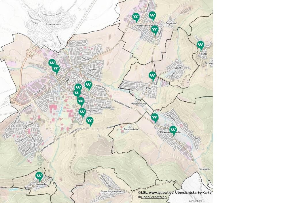 Kartenausschnitt mit mehreren grünen Markierungen auf einer topografischen Karte einer Region mit Ortsnamen wie Wirmenden und Degendorf