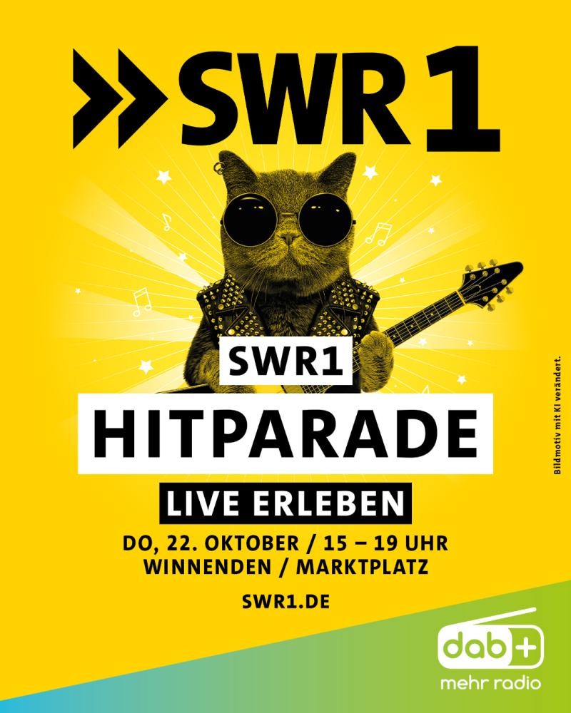 Katze mit Sonnenbrille und Nietenweste hält E-Gitarre vor gelbem Hintergrund mit Text zu SWR1 Hitparade Live-Veranstaltung am 22. Oktober in Winnenden