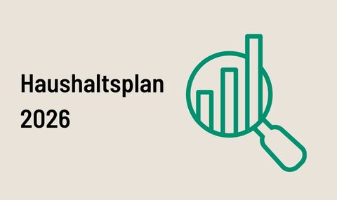 Symbolgrafik. Schriftzug "Haushaltsplan 2026" daneben eine Lupe über einem Balkendiagramm
