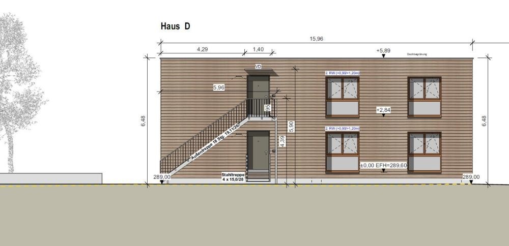 Architekturzeichnung der Südansicht eines zweigeschossigen Gebäudes mit Außentreppe und mehreren Fenstern