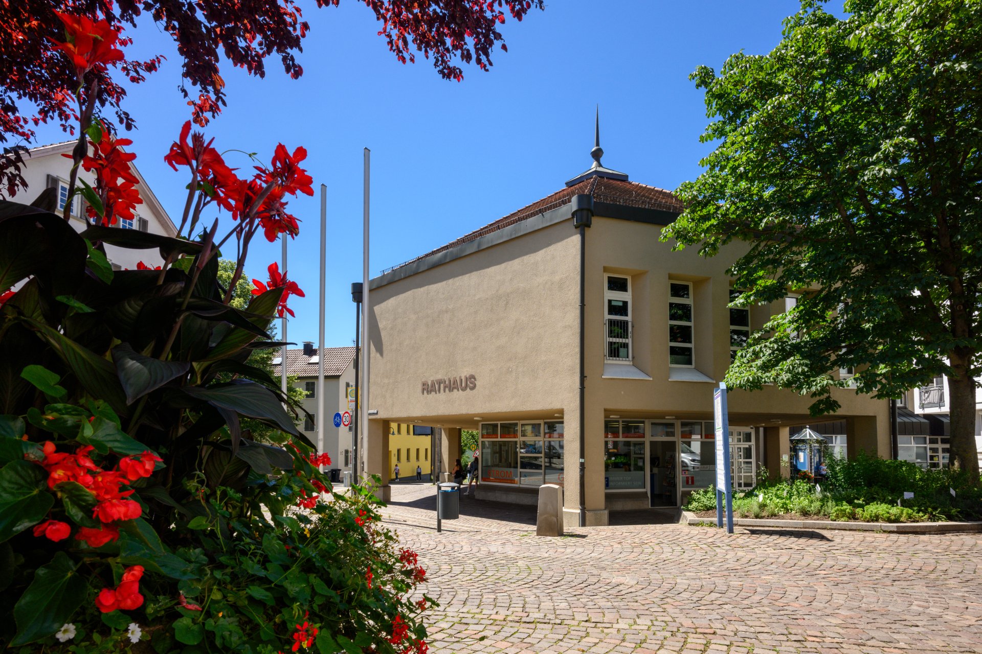 Das Winnender Rathaus von der Schlosstraße aus. Im Vordergrund rote Blumen.