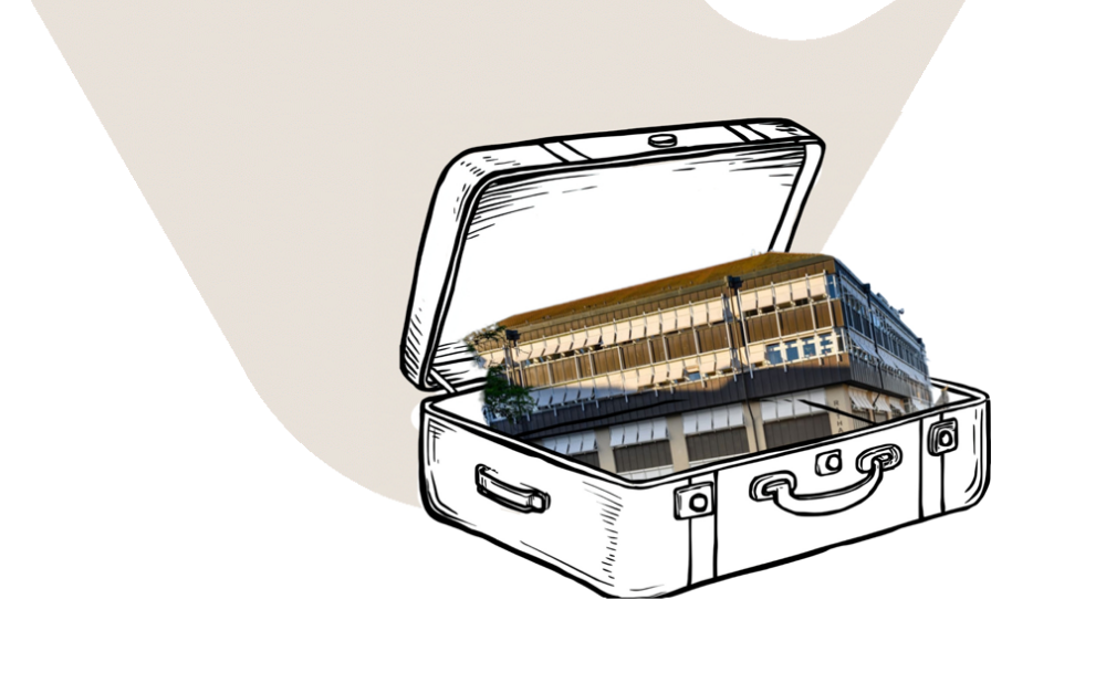 Schwarz-weiße Linienzeichnung eines geöffneten Koffers mit einem Foto eines mehrstöckigen Gebäudes im Inneren