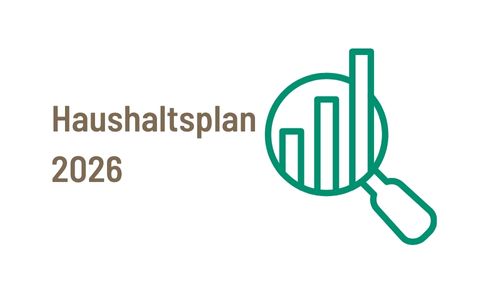 Grafik: Schirftzug "Haushaltsplan 2026" daneben eine Lupe über einem Säulendiagramm