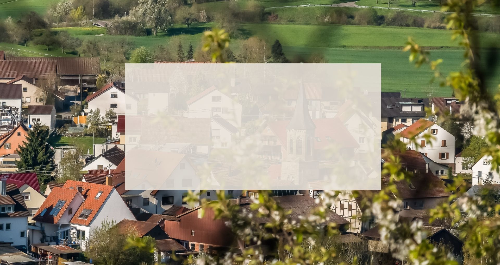 Blick auf Birkmannsweiler. Im Zentrum der Kirchturm im Vordergrund blühende Äste